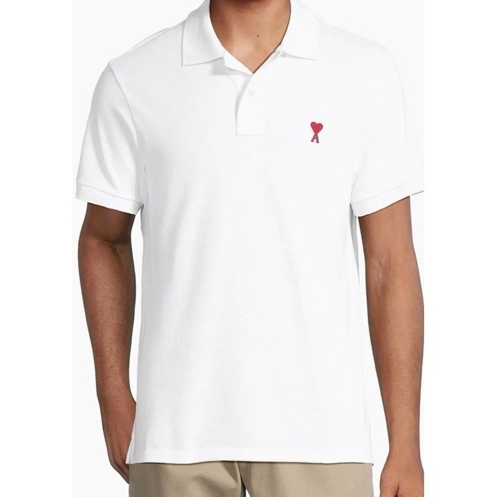 AMI PARIS LOGO EMBROIDERED DE COEUR MEN'S POLO T-SHIRT WHITE SIZE M
